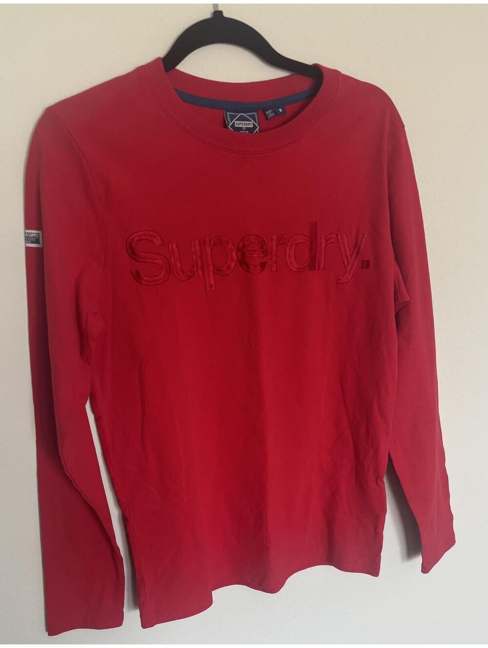 Superdry Red Long Sleeve T Shirt Small Tonal Logo Minimalist Streetwear Tee